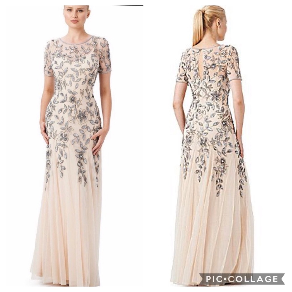 Adrianna papell Floral Beaded Godet Gown with Sheer Short Sleeves - Picture 2 of 16